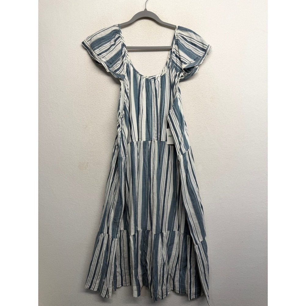 Dip Women 2X Blue White Striped Tiered Midi Dress Flutter Sleeve NWT